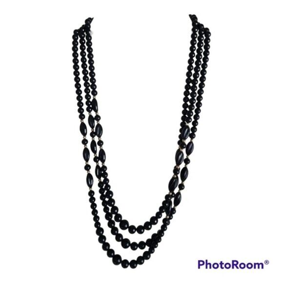 Vintage Black & Gold Three Strand Beaded Neckace - Picture 1 of 5